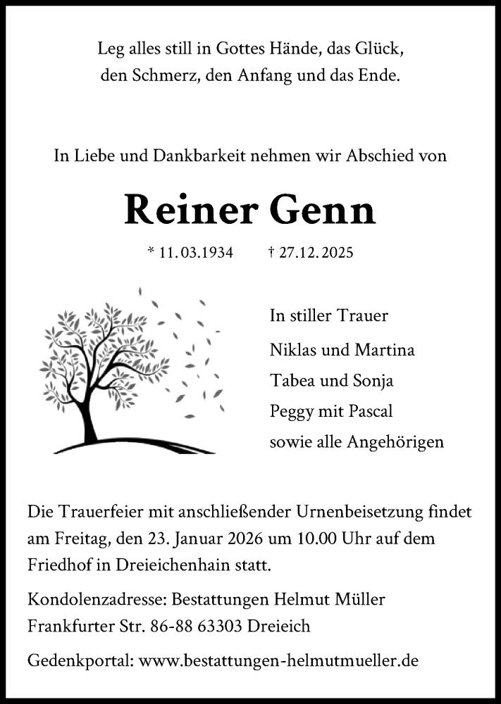  Traueranzeige für Reiner Genn vom 17.01.2026 aus OFOP