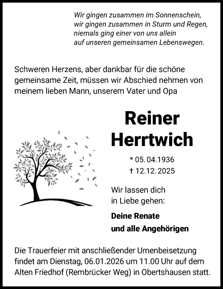  Traueranzeige für Reiner Herrtwich vom 03.01.2026 aus OF0T