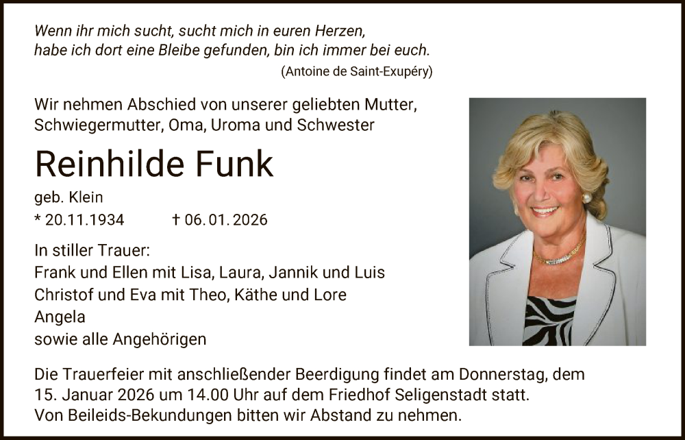  Traueranzeige für Reinhilde Funk vom 12.01.2026 aus OFOP