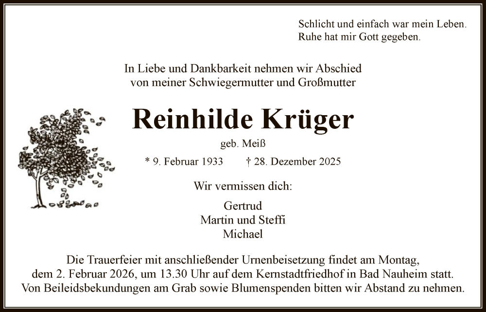  Traueranzeige für Reinhilde Krüger vom 24.01.2026 aus OFHA