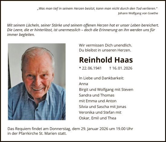 Traueranzeige von Reinhold Haas von OF0L