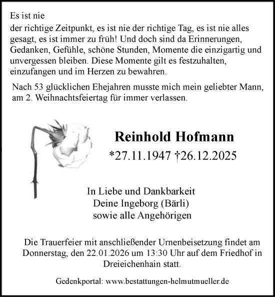 Traueranzeige von Reinhold Hofmann von OFOP