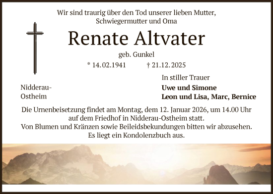 Traueranzeige von Renate Altvater von OFHA