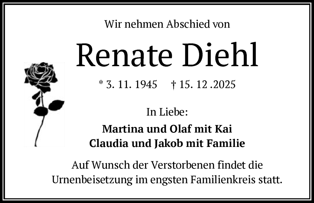  Traueranzeige für Renate Diehl vom 03.01.2026 aus BOWO