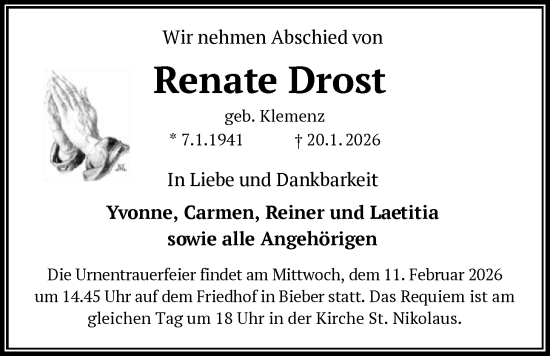 Traueranzeige von Renate Drost von OFOP