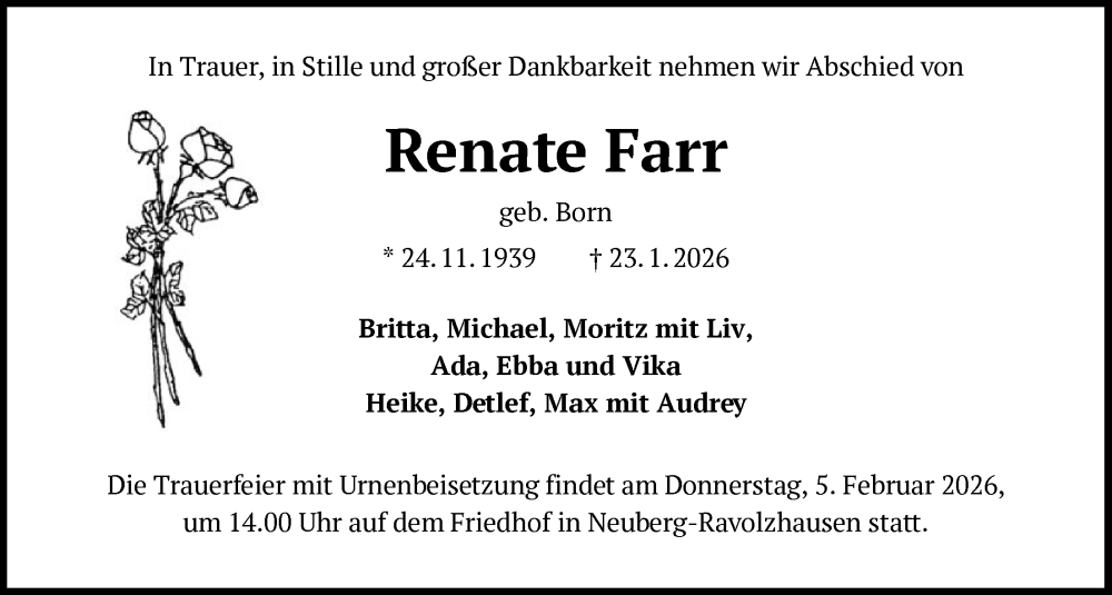  Traueranzeige für Renate Farr vom 31.01.2026 aus OFHA