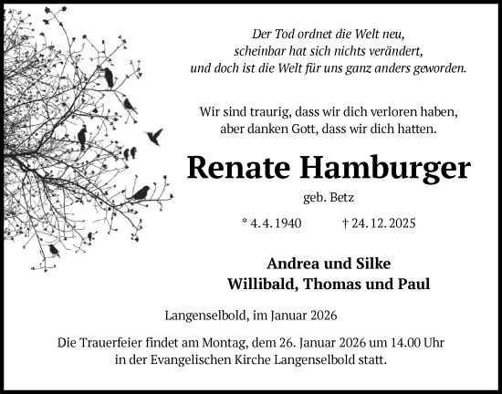 Traueranzeige von Renate Hamburger von OFHA