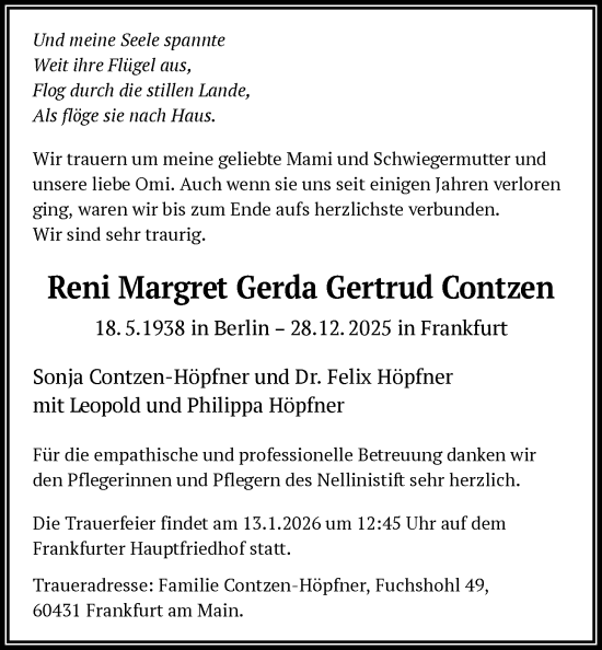 Traueranzeige von Reni Margret Gerda Gertrud Contzen von FNP