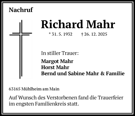 Traueranzeige von Richard Mahr von OF0T