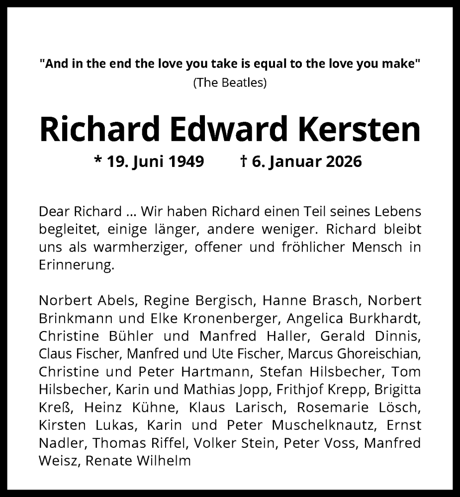  Traueranzeige für Richard Edward Kersten vom 17.01.2026 aus FNP