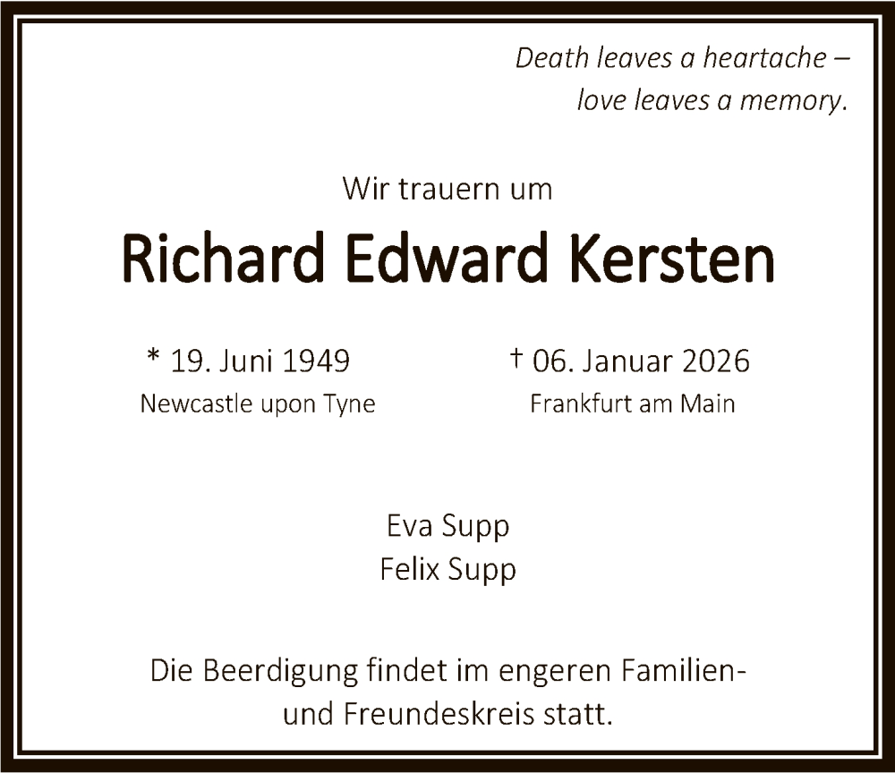  Traueranzeige für Richard Edward Kersten vom 10.01.2026 aus FNP