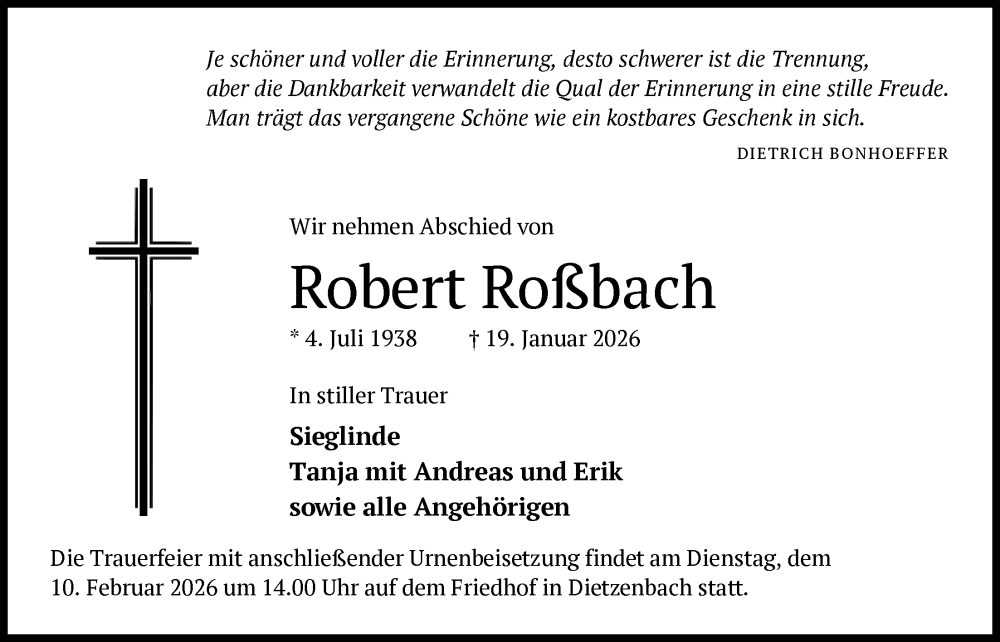  Traueranzeige für Robert Roßbach vom 31.01.2026 aus OFOP