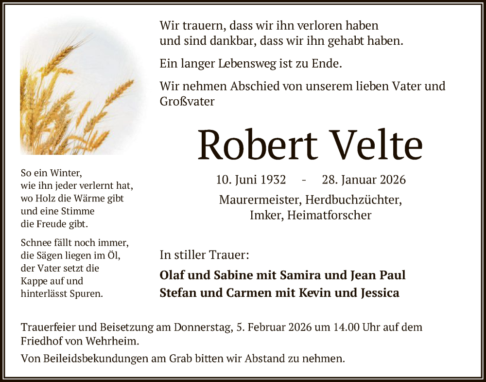  Traueranzeige für Robert Velte vom 31.01.2026 aus FNP