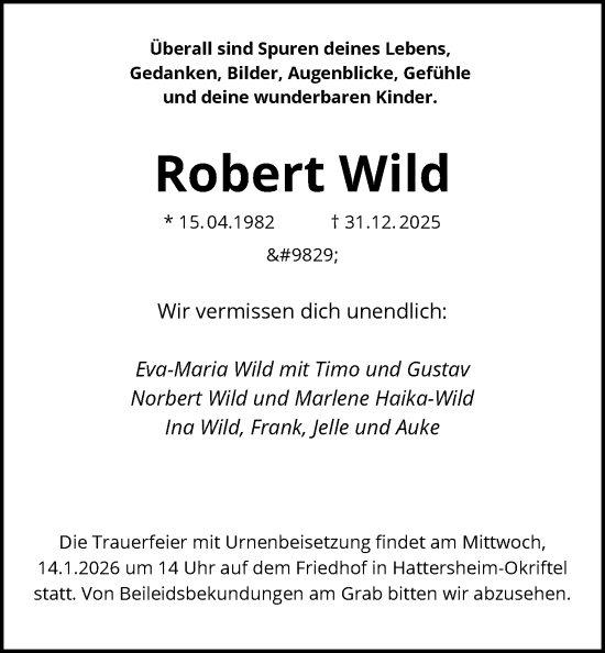 Traueranzeige von Robert Wild von FNP