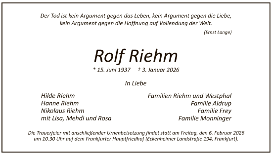 Traueranzeige von Rolf Riehm von FNP