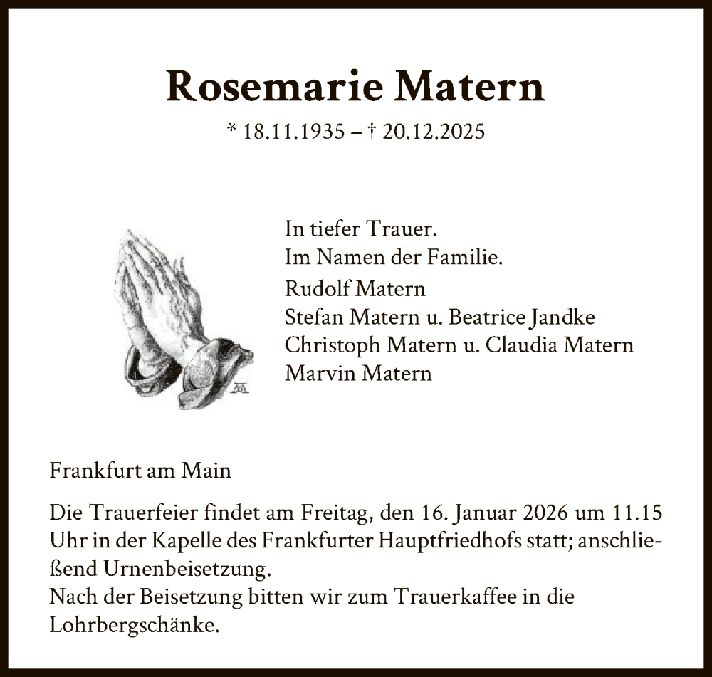  Traueranzeige für Rosemarie Matern vom 10.01.2026 aus FNP