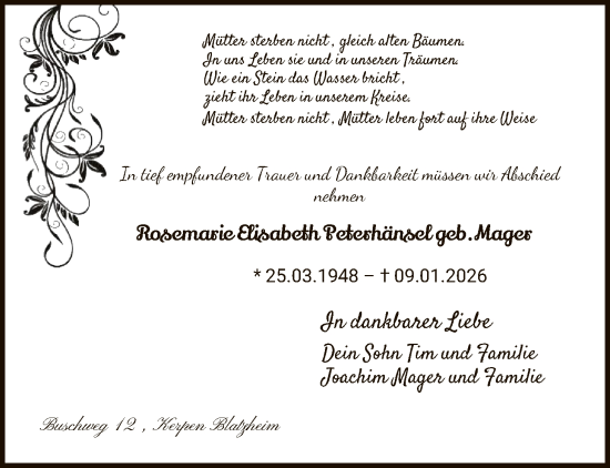Traueranzeige von Rosemarie Elisabeth Peterhänsel von FNP