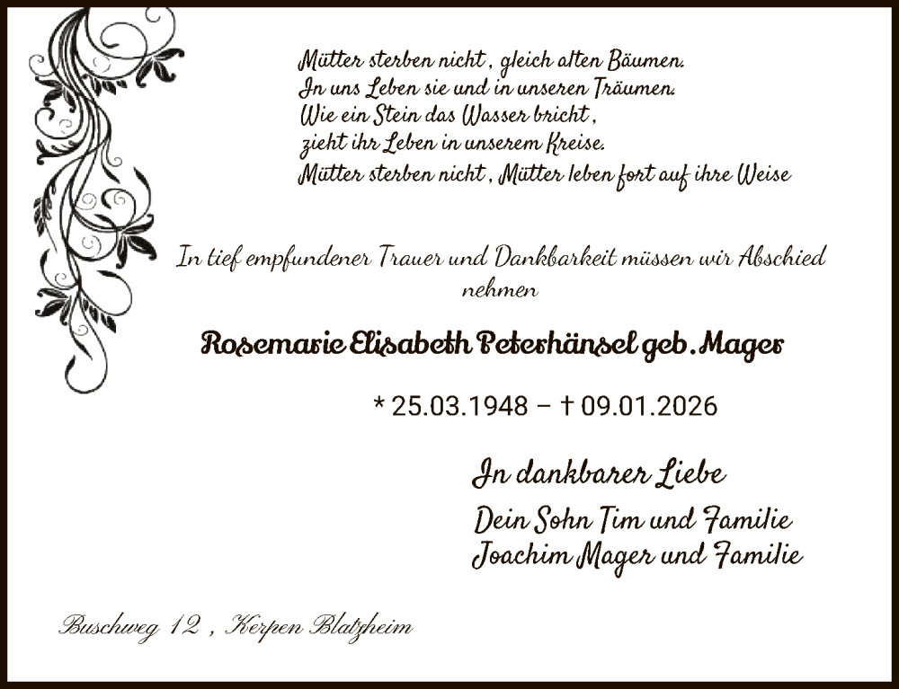  Traueranzeige für Rosemarie Elisabeth Peterhänsel vom 17.01.2026 aus FNP
