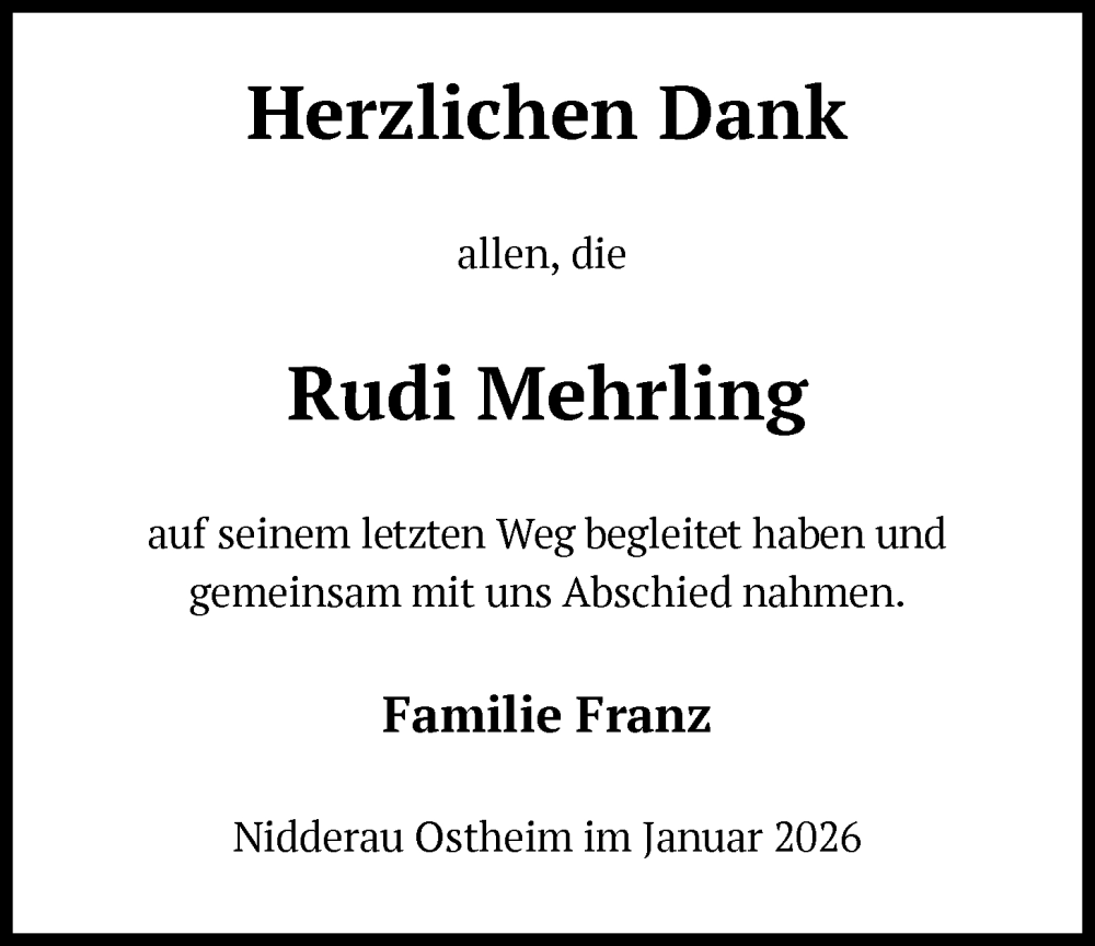  Traueranzeige für Rudi Mehrling vom 24.01.2026 aus OFHA