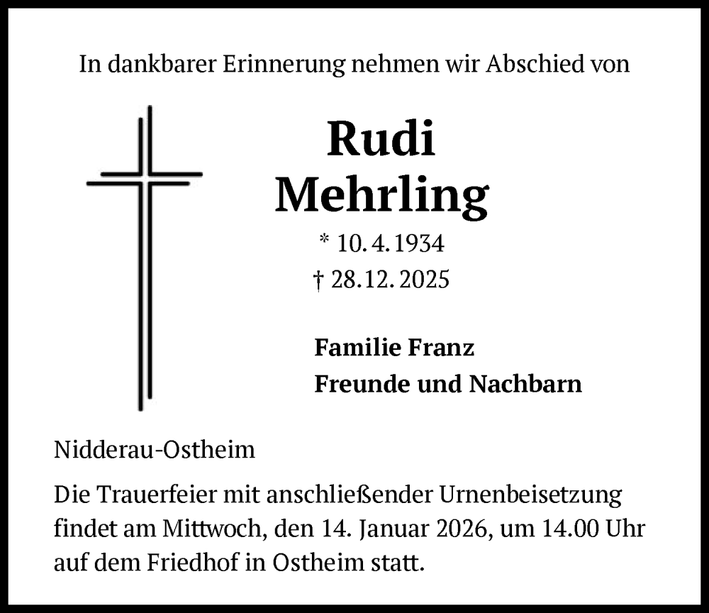  Traueranzeige für Rudi Mehrling vom 10.01.2026 aus OFHA