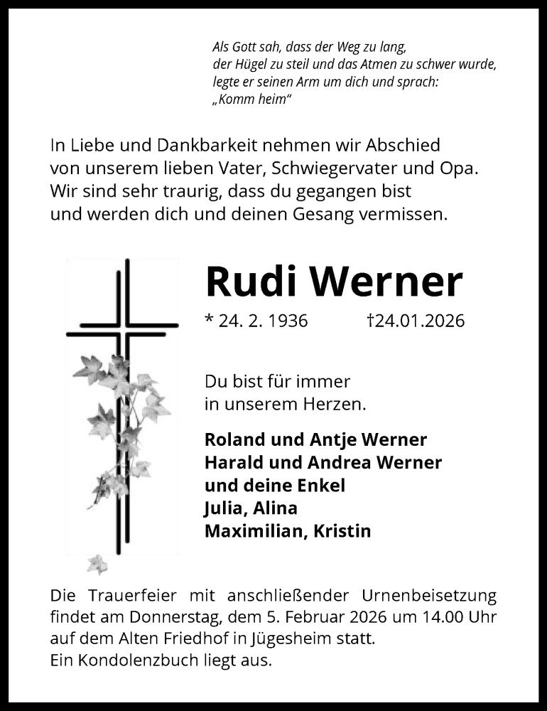  Traueranzeige für Rudi Werner vom 31.01.2026 aus OFOP