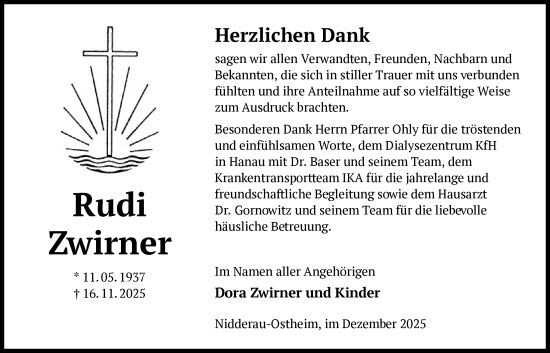 Traueranzeige von Rudi Zwirner von OFHA