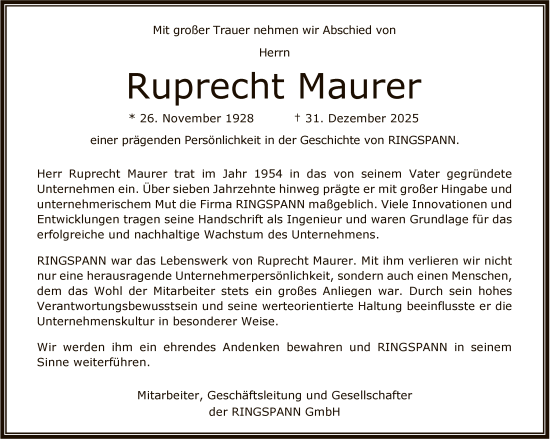 Traueranzeige von Ruprecht Maurer von FNP