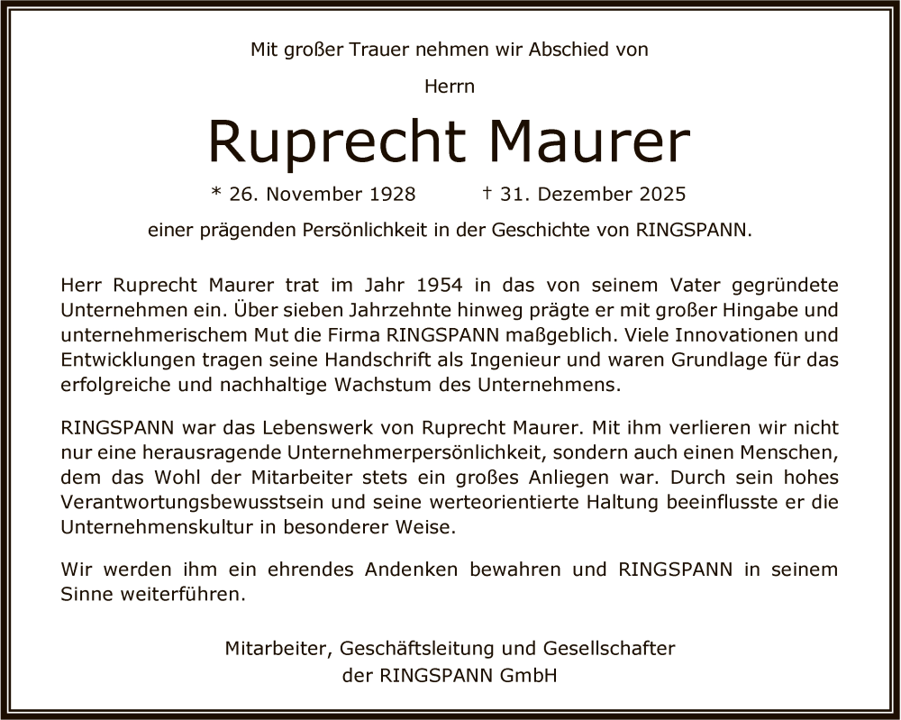  Traueranzeige für Ruprecht Maurer vom 10.01.2026 aus FNP
