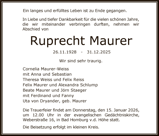 Traueranzeige von Ruprecht Maurer von FNP