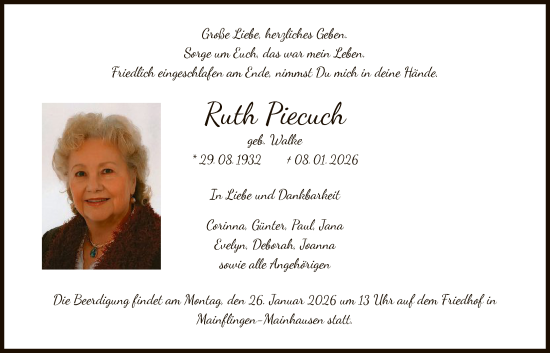 Traueranzeige von Ruth Piecuch von OFOP