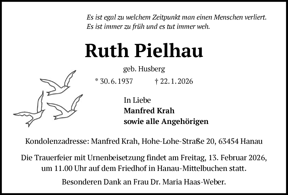  Traueranzeige für Ruth Pielhau vom 31.01.2026 aus OFHA