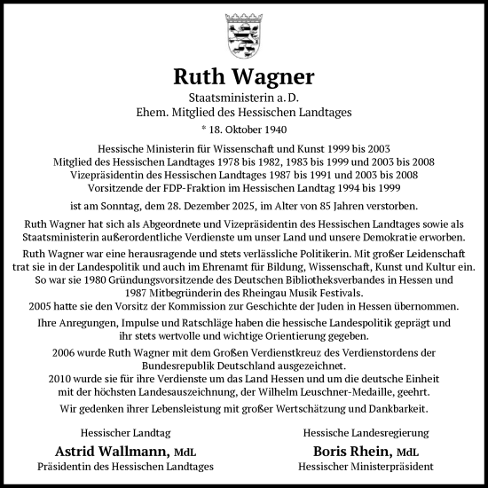 Traueranzeige von Ruth Wagner von FNP