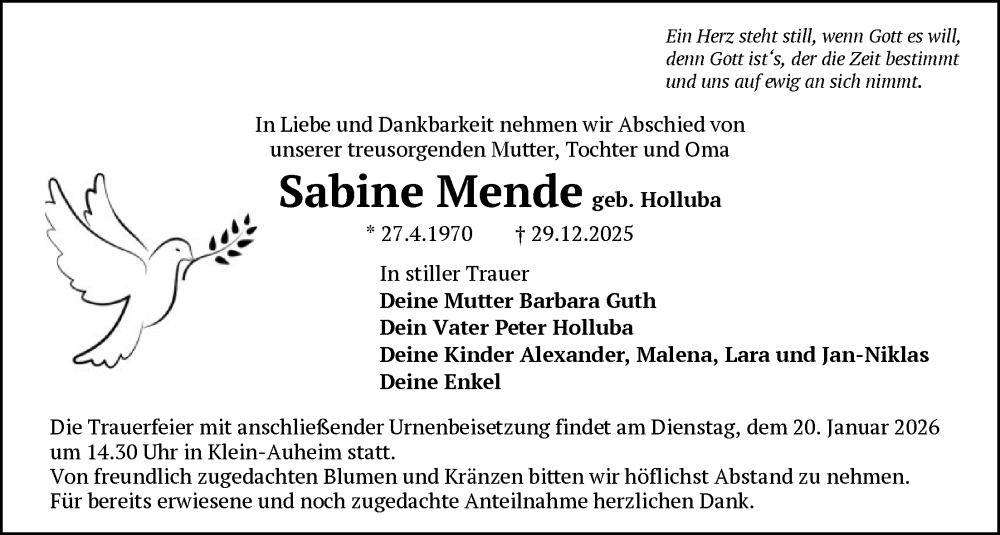  Traueranzeige für Sabine Mende vom 10.01.2026 aus OFOP