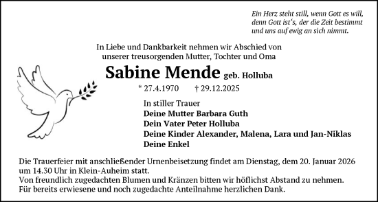 Traueranzeige von Sabine Mende von OFOP