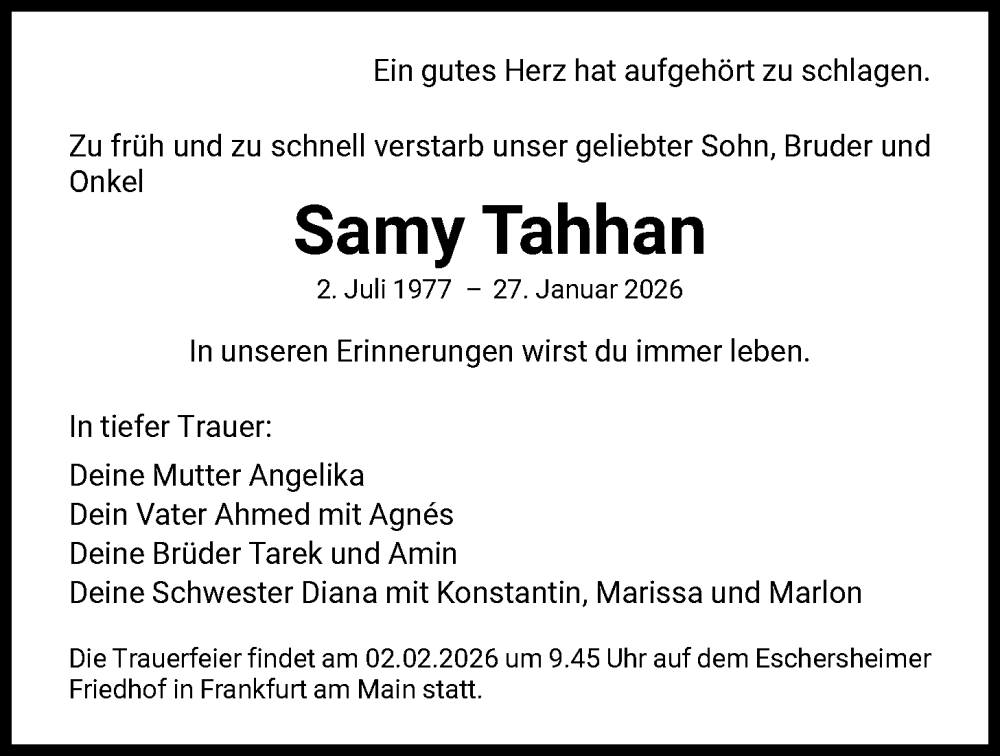  Traueranzeige für Samy Tahhan vom 31.01.2026 aus FNP