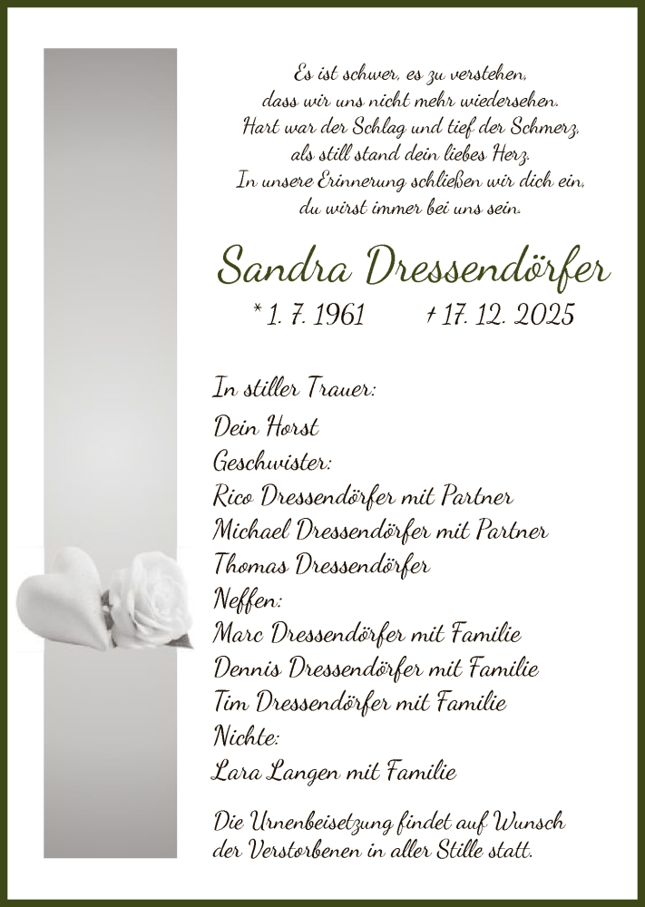  Traueranzeige für Sandra Dressendörfer vom 10.01.2026 aus OF0W