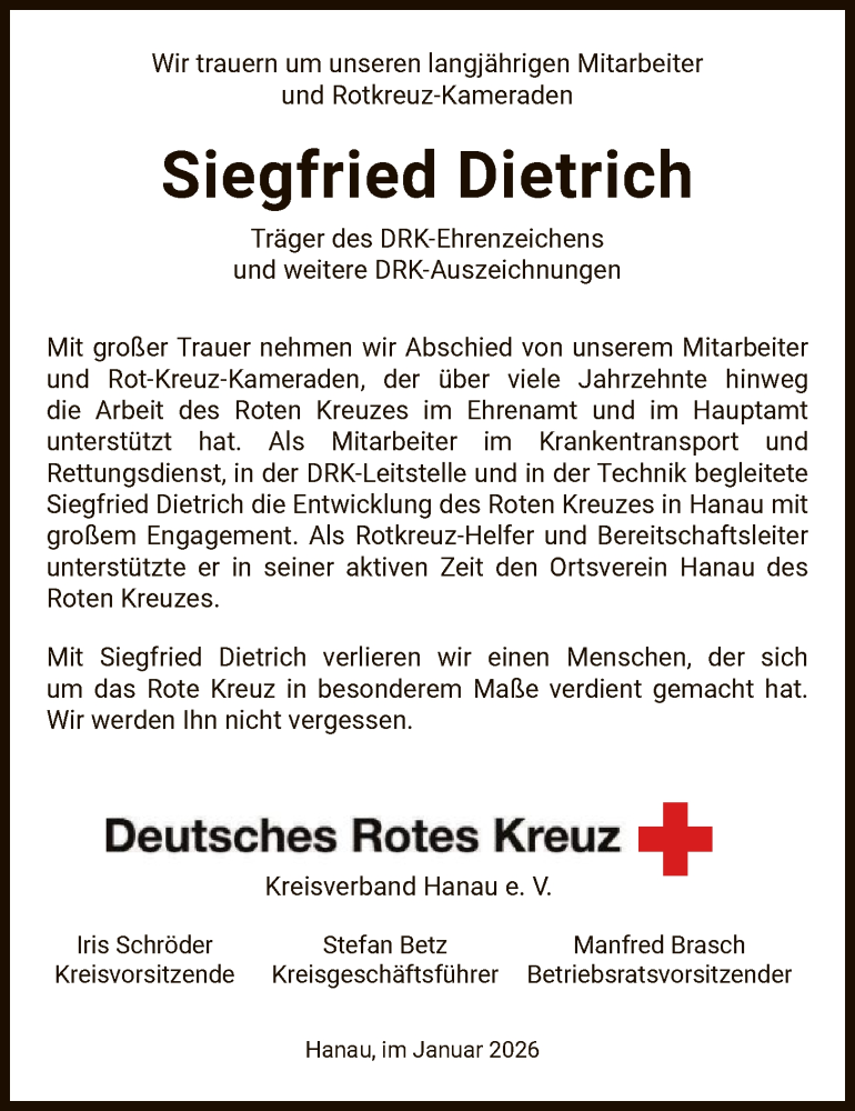  Traueranzeige für Siegfried Dietrich vom 31.01.2026 aus OFHA