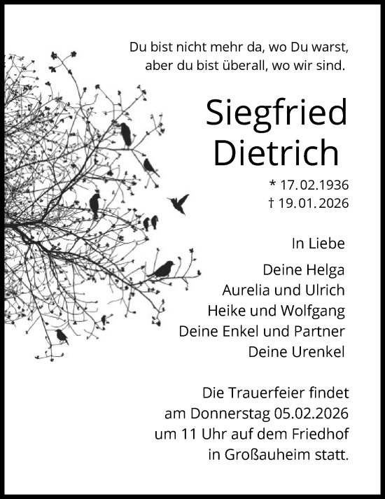 Traueranzeige von Siegfried Dietrich von OFHA
