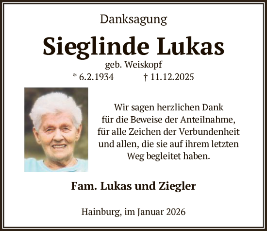 Traueranzeige von Sieglinde Lukas von OF0L