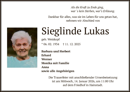 Traueranzeige von Sieglinde Lukas von OF0L