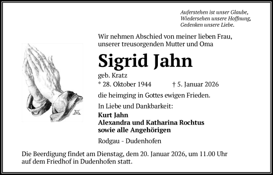 Traueranzeige von Sigrid Jahn von OFOP