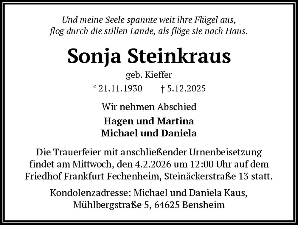  Traueranzeige für Sonja Steinkraus vom 17.01.2026 aus BOWO
