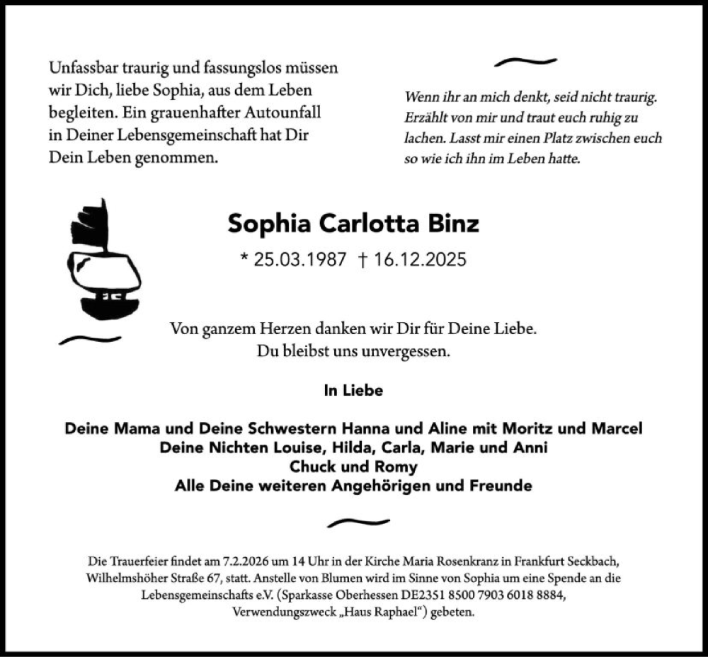  Traueranzeige für Sophia Carlotta Binz vom 24.01.2026 aus FNP