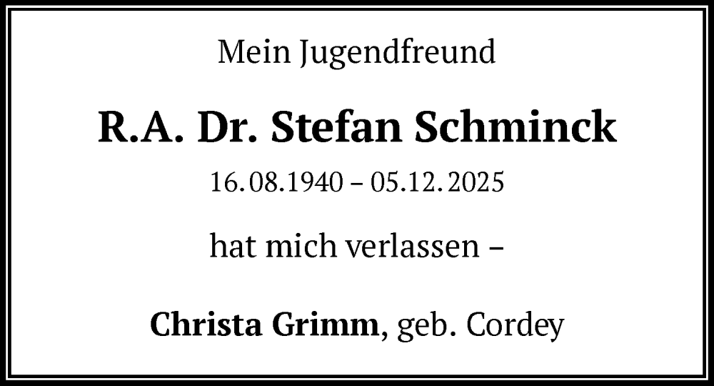  Traueranzeige für Stefan Schminck vom 10.01.2026 aus FNP