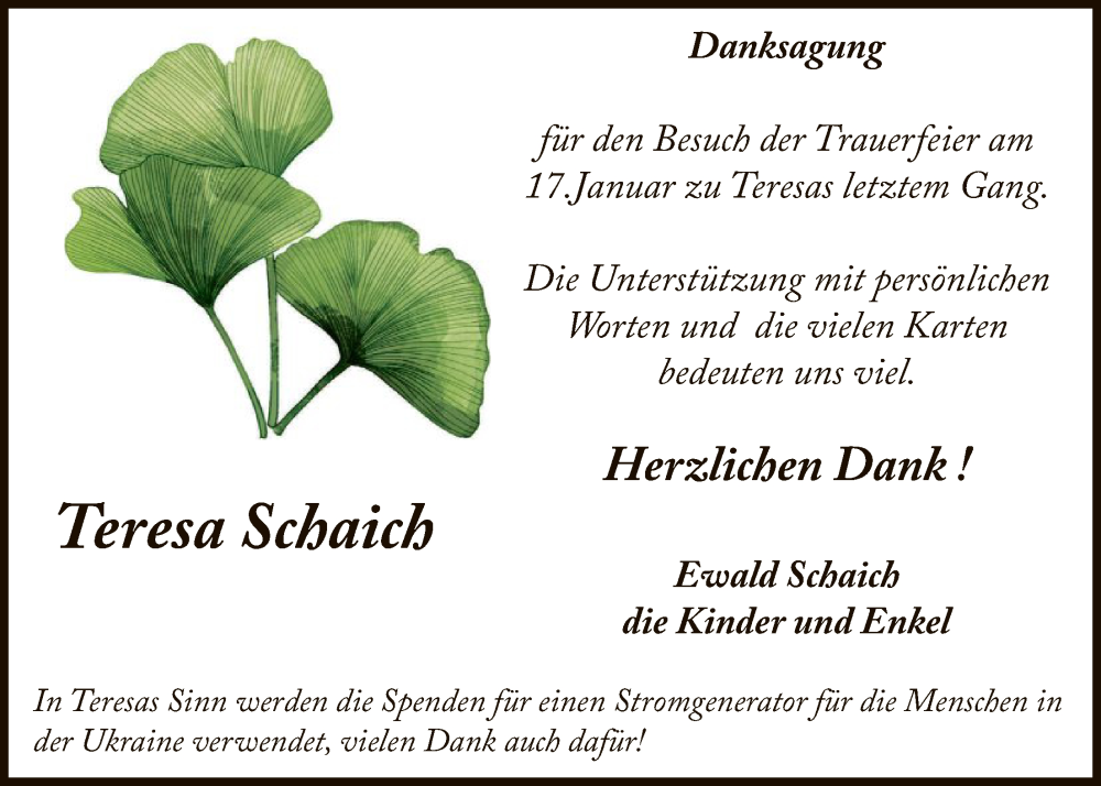  Traueranzeige für Teresa Schaich vom 31.01.2026 aus OFHA