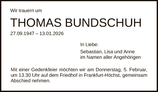 Traueranzeige von Thomas Bundschuh von FNP