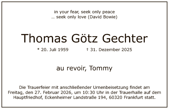 Traueranzeige von Thomas Götz Gechter von FNP