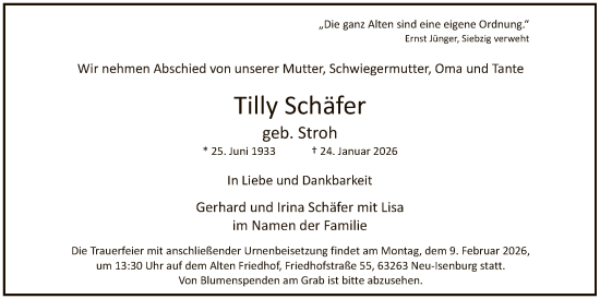 Traueranzeige von Tilly Schäfer von FNP