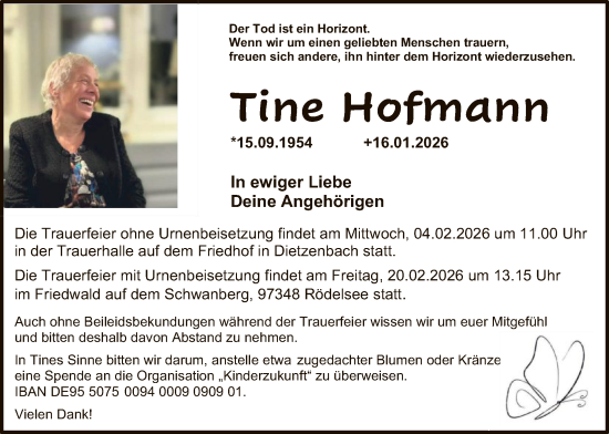 Traueranzeige von Tine Hofmann von OFOP