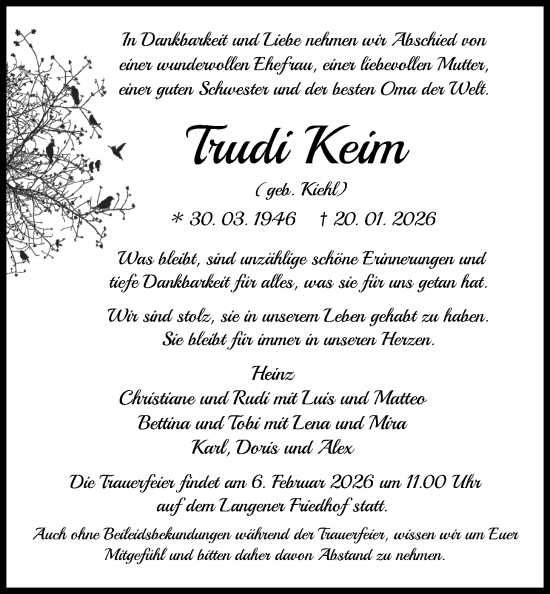 Traueranzeige von Trudi Keim von OFOP